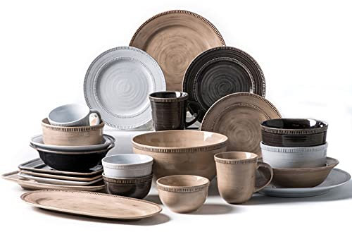 KDXYSL Service De Table Rustique 30 Pièces, Vaisselle Rétro en Grès Peinte à La Main, Service De Table avec Assiette/Assiette à Dessert/Bol à Céréales/cuillère, Service pour 8