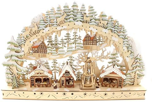 ELLUG 3D Schwibbogen Lichterbogen Holzschnitt, Weihnachtsmarkt & Weihnachtspyramide, Glitzer, 60 * 10 * 39cm, batteriebetrieben, Timer Funktion (6h on/18h Off) Weihnachtsschmuck Fensterdeko