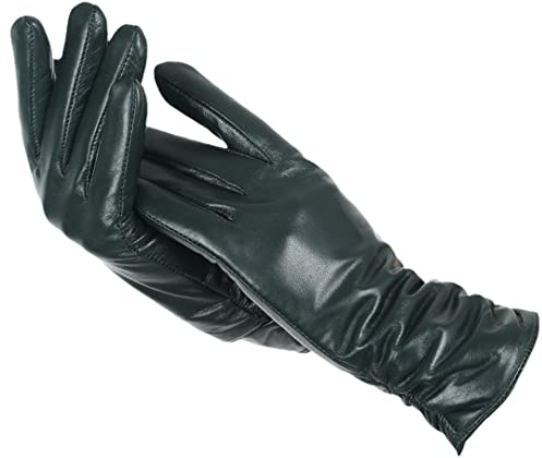 Damen Klassische Plissee-Lederhandschuhe Damen Winter Echtleder Handschuhe Damen Schaffell Handschuhe, schwarz / grün, 8.5