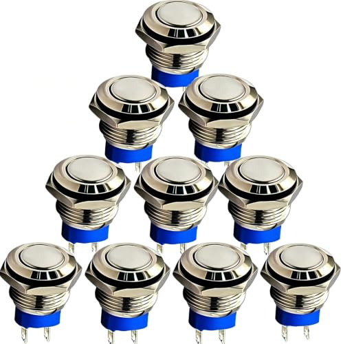RUNCCI-YUN 10 Stücke 3V/12V/24V/36/48/110V/220V 16mm Momentan Metall Druckschalter Drucktaster Edelstahl Taste Hupenknopf Türklingel für Pkw, Lkw, Schiffen, Zündsystemen, Türklingeln(Flachkopf)