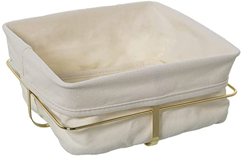DRW Corbeille à pain en métal et tissu, blanc et doré, 21,5 x 21,5 x 10 cm
