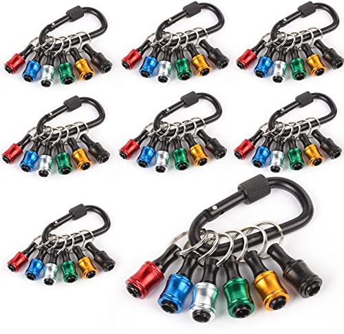 Katerk Portable 1/4 in Hex Shank Drill Bit Holder 8 Sets (48 pcs), Light-Weight Extension Bar Keychain Adapter, Quick-Change Screwdriver Bits Retainer for Tool Pouch (6 Colors Black Carabiner)
