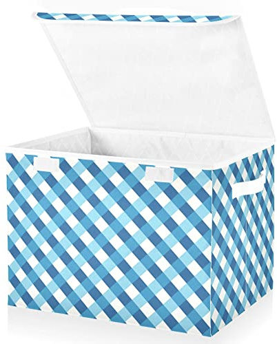 linqin Caja de almacenamiento de lavandería con tapa, cesta de almacenamiento para fotos, organizador de juguetes a cuadros azules, 12 x 12 x 16 pulgadas