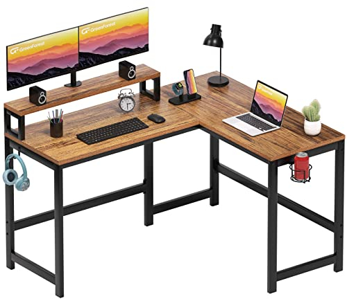 GreenForest Gaming Tisch L Form 128cm Eckschreibtisch mit großem Monitorständer Computertisch mit Becherhalter und Headset-Haken Gaming Schreibtisch PC Tisch,braun
