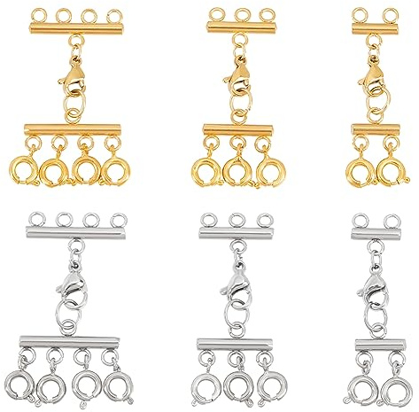 UNICRAFTALE 6 st 2 färger, 3 stilar, smyckeslås, kit, 304 rostfritt stål, hummerlås, flertrådslås, halsband, kontakt för flera halsband, skiktspännen