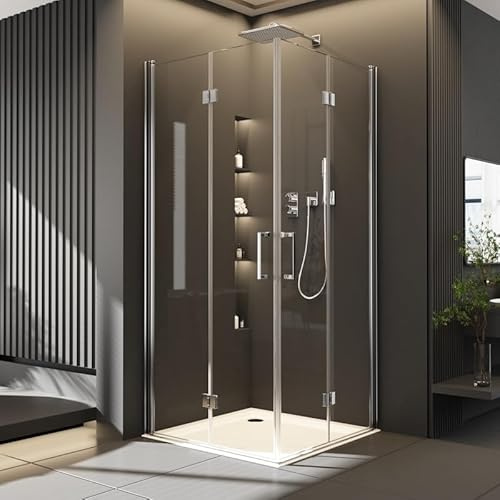 Duschkabine Eckeinstieg 90x90cm Falttür Duschabtrennung, Falttür Dusche Duschwand aus 6mm NANO Sicherheitsglas, Duschtür Glas Leichte Reinigung, Drehfalttür Komplettdusche 90x90x195cm