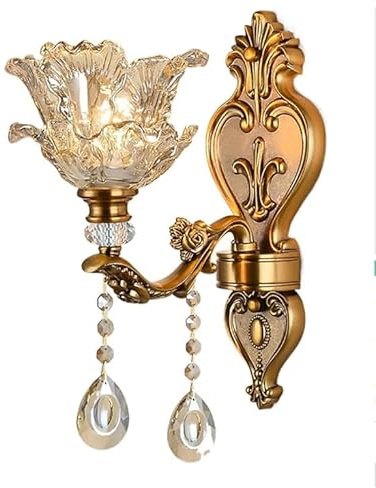 MKYOKO Wall Lights Vintage Brass LED Wall Mount Lamp Glass Floral Shade Crystal Wall Lamp Home Bedroom Living Room Hallway Lighting Fixture Indoor