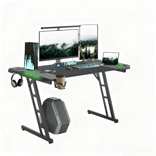 YRHome Gaming Tisch 140 x 60 cm mit LED Beleuchtung – Stabiler Gamer Schreibtisch mit Getränkehalter, Kabeldurchführungen & Kohlefaser-Oberfläche, Großer Computertisch für PC & Büro, Schwarz