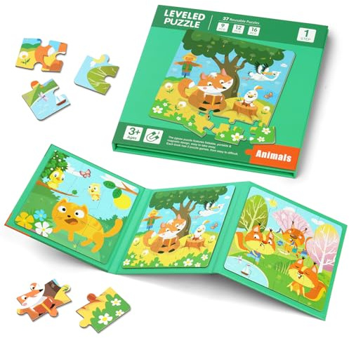 Aolso Magnetspiel ab 3-5 Jahren, 9-12-16-teiliges 3-in-1 Magnetpuzzle für Kinder, Tier-Puzzlebuch, Reisespiele und Reisespielzeug, pädagogisches Magnetgeschenk (Waldtiere)