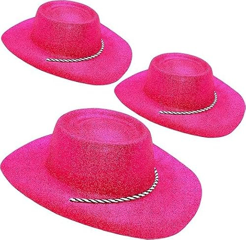 Toyland® 3er-Pack – 34 cm (13 Zoll) rosa glitzernde Cowboyhüte – Festivals, Konzerte, Kostüme und Junggesellinnenabschiedszubehör – 10 Farben erhältlich