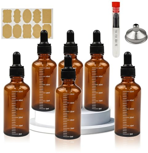 DRERIO 6 Stück Pipettenflasche 50ml Apothekerflasche Braunglas, Liquid Flaschen mit pipette, Tropfpipette mit Trichter Glaspipette Pipette Glas Aromaflasche für ätherische Öle Parfümöle Aromatherapie