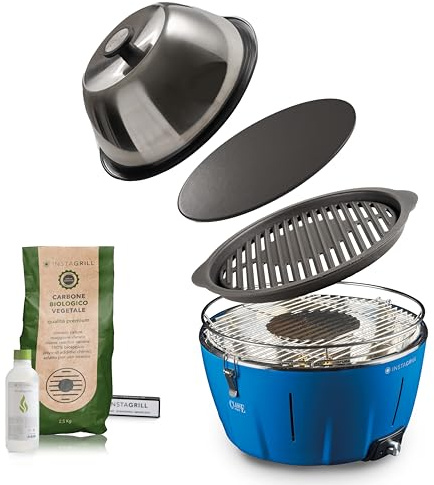 InstaGrill | Barbecue a Carbonella con Griglia in Ghisa, Coperchio cottura forno e Piastra. Da Balcone, Portatile. Include Batteria Ricaricabile, Carbone e Gel per accensione. MASTER GRILLER Blu