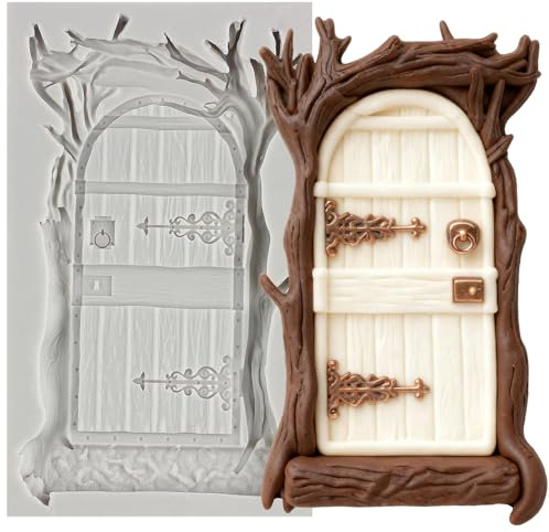 MINFEIDMS Enchanted Vintage Fairy Garden Fairy Gnome Home Door Silicone Mould Tree Branch Fondant Moulds for Sugar Cake Decorating Cupcake Topper Chocolate Gum Paste Candy Polymer