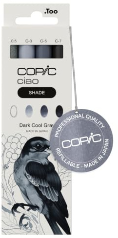 Copic Ciao Shade Set Dark Cool Gray, 3 Twin Marker mit einer mittelbreiten und einer Brush-Spitze, inkl. Multiliner Cool Gray 0,5 mm