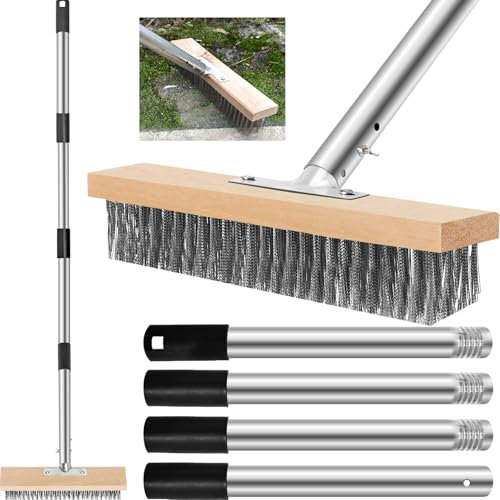 Wire Broom with Telescopic Stainless Steel Handle, Hard Metal Floor Scrubbing Brush, 120 cm Decking Brush for Removing Weed Moss Algae, Outdoor Broom for Tough Stains on Concrete Grout Garden Patio