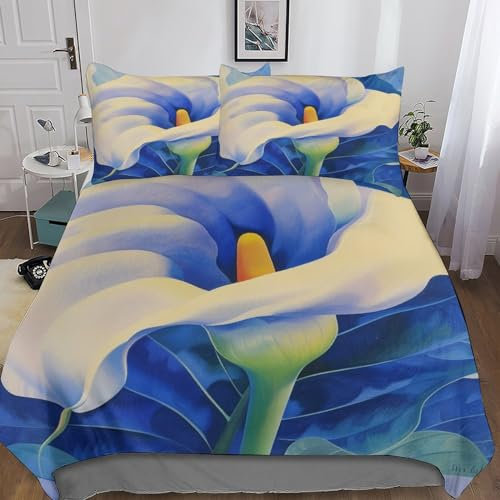 Parure de lit de luxe avec housse de couette et taies d'oreiller - Motif fleurs de lys Cala - Impression 3D - King Size (220 x 240 cm) - Pour décoration de chambre à coucher