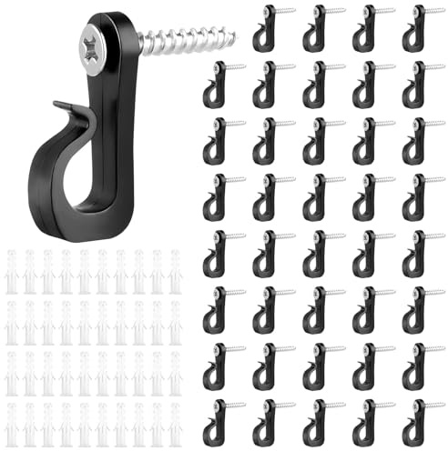 NGUIT 40 Pcs Screw Hooks Q-Hanger with Safety Buckle for Halloween Christmas Outdoor Hanging String Lights, Fence Hook All-Weather Stainless Steel Hooks for Festoon Fairy Patio Light, Plants & More