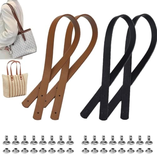 4 Stück Taschenhenkel für Häkeltaschen, Lederriemen für Taschen mit Nieten | Leder Taschengriffe, PU Schultergurte Henkel für Taschen, Lederhandtasche Griffe für Gehäkelte Taschen