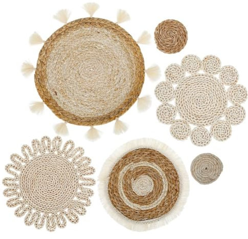 ivamulie Ensemble de 6 paniers muraux bohème, paniers plats tressés en rotin, tentures murales, glands faits à la main, paniers muraux floraux, décorations de canapé de chevet