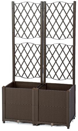 GOPLUS Jardinière Surélevée avec Treillis en Rotin PP, Bac à Fleurs avec Système d'Irrigation et Trous de Drainage, pour Plantes Grimpantes, Installation DIY (Marron,80x40x140cm)