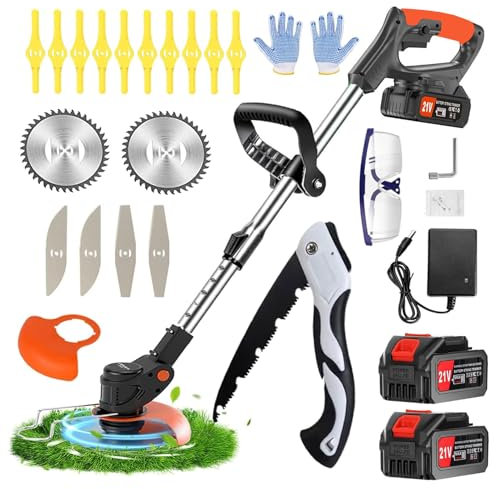 Debroussailleuse Electrique sans Fil, Debrouissalleuses Batterie, 21V 2.0AH Coupe Bordure sans Fil avec 2 Batterie&3 Lames,Débroussailleuse Rétractable Convient aux Jardins et aux pel