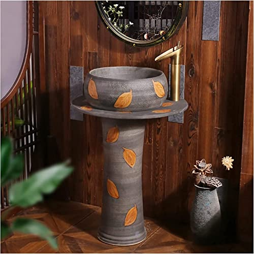 Art Bathroom Basin Sink with Full Pedestal, Pedestal Handcrafted Ceramic wash washbasin Kaolin Clay Round Freestanding Drain & Faucet,A-with Mirror (K Without Mirror)