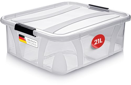 KONZEPT Aufbewahrungsbox 21 L mit Deckel, verstärkte Konstruktion | Transparente Kunststoffbox mit Verstärkungsrippen für mehr Stabilität, stapelbar, robuste Clips – ideal für Küche & Haushalt