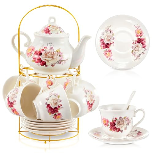 Zhehao 20 Pcs Porcelain Tea Set with Metal Holder and Spoon Adult Ceramic Tea Set European Flower Painting Teapot Cup Saucer Spoon for Women Mom Gift, Large Version (Grace Style)
