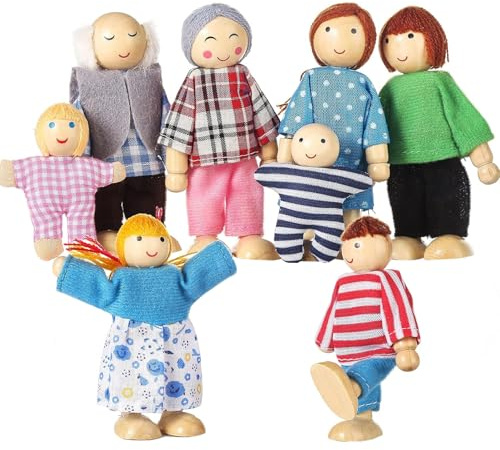 Comebachome Dollhouse People 8 Family Figures Wooden Dolls Poseable Cute Doll House People Figures Set for Girls Boys Toddler Kids Dollhouse Accessories Toy