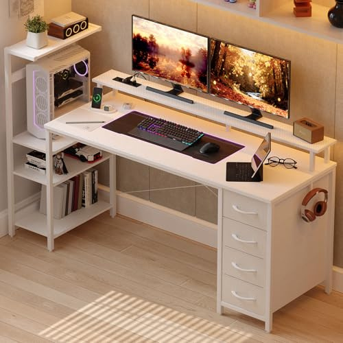 YOUDENOVA Mesa de Juegos con iluminación LED y Enchufe, 150 x 50 cm, Escritorio para Videojuegos, Mesa de Ordenador con cajones, Fibra de Carbono, Color Blanco