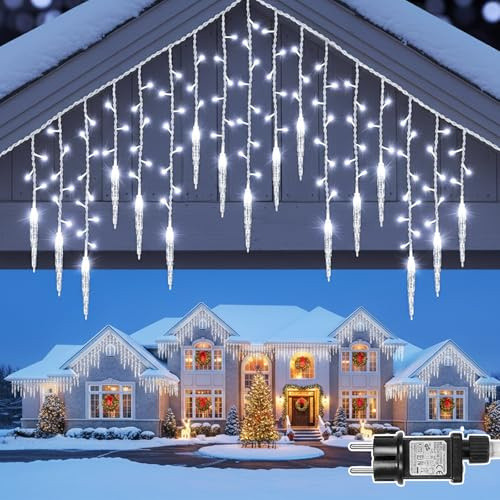 PLODAXE Eiszapfen Lichterkette Außen, 3.5m 96 LED Eiszapfenlichterkette Weiß und 5m Strom Kabel mit Timer Anschließbar 8 Modi Speicher, IP44 für Balkon Geländer Traufe Dach Weihnachtsdeko