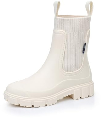 Women’s Ankle Wellies – Short Waterproof Wellington Boots, Slip-On Chelsea Rain Boots for Women, Wide Calf Rubber Wellies for Outdoor Garden Walking (1 White,4)