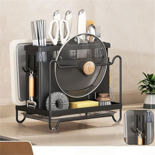 Égouttoir à ustensiles pour comptoir de cuisine, support de rangement de couverts avec organisateur de planche à découper, porte-ustensiles en acier au carbone pour fourchettes, cuillères, pot L (noir