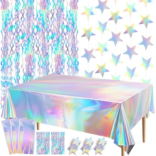 8 PCS Iridescent Disco-Holographic Party Decorations Twinkle Little Star Streamers Hanging Banner Tablecloths Disposable Tinsel Foil Fringe Curtains Wavy Backdrop Birthday Baby Bridal Shower Decor