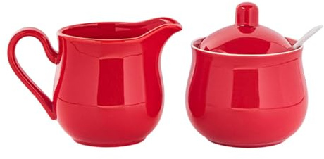 Milageto Service à sucre et à crème en céramique, sucrier avec couvercle et cuillère, usage domestique, robuste, service à café décoratif, Rouge