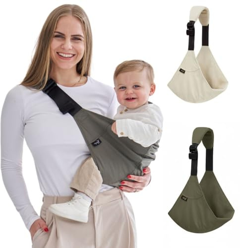 Rookie-Baby – Hüfttrage Baby Khaki I Ergonomisch & rückenschonend I Schnell anzulegen – Trage ab 9 Monate bis ca. 4 Jahre I Seitentrage für Kleinkinder I Ideal für unterwegs I Babytrage Hüftsitz