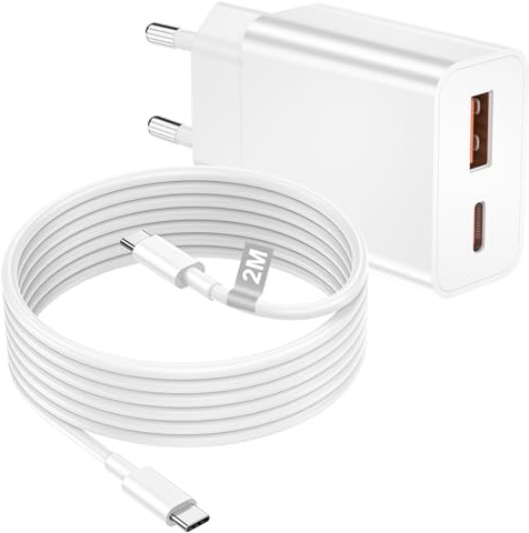 Cargador iPhone Carga Rapida 20W, Cargador USB C y USB con Cable USB C 2M, Enchufe de Carga Rápida Doble Puerto para Apple iPhone 17 16 15 Pro Max, iPad Pro, Samsung Galaxy A36 S25 S24 S23,Pixel 9 8 7