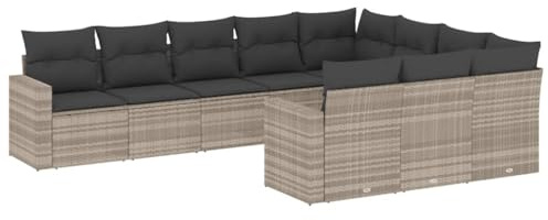 Qnhdfrt Set di 10 divani da giardino in polyrattan, set lounge modulare con cuscini, gruppo sedute per terrazzo, grigio chiaro, acciaio verniciato a polvere