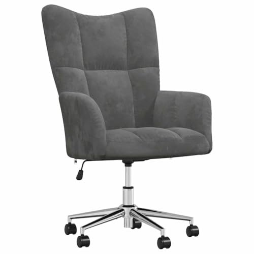 Roanoer Relaxsessel Dunkelgrau Samt - Höhenverstellbarer Polstersessel mit Rollen, Moderner Bürostuhl 360° Drehbar, Schreibtischstuhl mit Quadrat-Steppung für Home Office