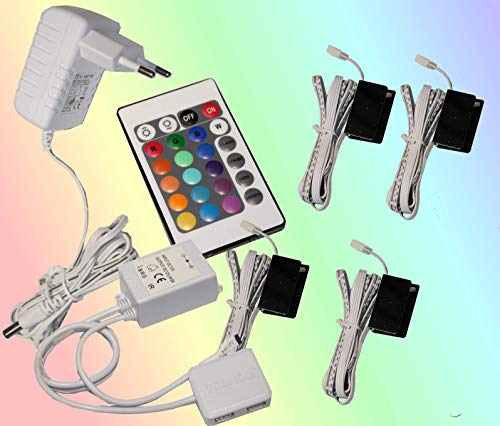 Trango set di 4 luci LED RGB con bordo in vetro a variazione cromatica incluso telecomando 5022-04 Illuminazione per armadio, Illuminazione per ripiani in vetro, Illuminazione per vetrina, Clip LED