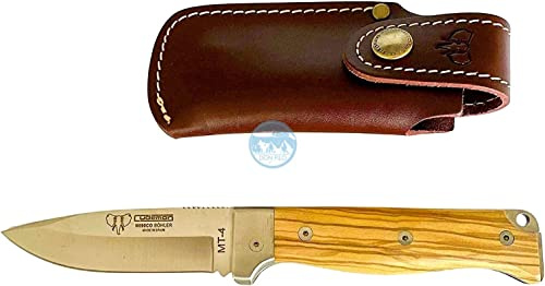 Cudeman Navaja 384-L MT-4 hoja de acero Böhler N-690Co de 10 cm y empuñadura de madera de olivo de 11,5 cm para caza, pesca, supervivencia y bushcraft + Portabotellas regalo