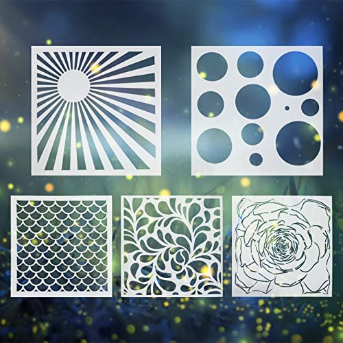 WANDIC 5 Pièces Pochoirs pour Peinture, Pochoir Fleur Pochoir Personnalisé Modèle Évidé Grand Format Motifs Rayons du Soleil Réutilisable Stencil pour Décoration de Meubles Scrapbooking