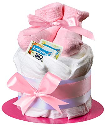 Windeltorte Mädchen in Rosa mit Babysocken, Geschenke zur Geburt für die Mutter, Taufe oder Baby-Party - Geschenkidee mit neugeborene Windeln - Inklusive Glückwunschkarte