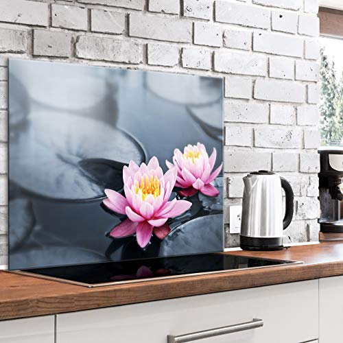 murando Glass Splashback for Kitchen Backsplash Cooker Protector | Tempered Glass Decorative Wall Art Panel Heat Resistant Graphic 80x60 cm / 32x24 Zen Water lily
