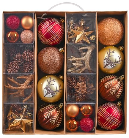 Valery Madelyn Weihnachtskugeln 60 Stücke Christbaumkugeln Geschenkpaket Weihnachtsbaumschmuck Kunststoff Kupfergold Weihnachtsdeko mit Aufhänger Waldland Thema(L)