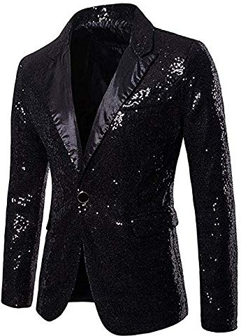 XIXIMAON Hombre Chaqueta Blazer Brillante de Lentejuelas Jacket de Moda para Fiesta Ceremonia Cosplay Traje Chaqueta de Americana Delgado con Botón para Hombre (Negro, L)