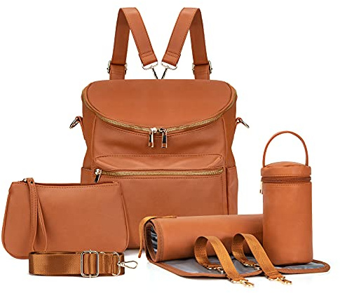 Wickeltasche, modischer Rucksack, Leder, Mama-Rucksäcke, Reise-Kleinkind-Baby-Wickeltaschen mit Taschen-Organizer und Wickelunterlage, braun