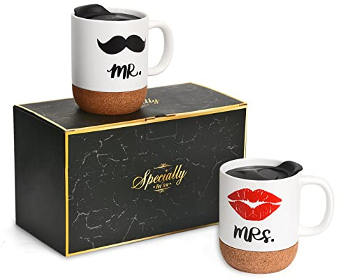 Tougo Mr Mrs Tasses à Café Avec Couvercle et Liège,Ensemble tasse couple café pour douche nuptiale fiançailles mariage anniversaire Saint Valentin cadeaux de Noël,380ml