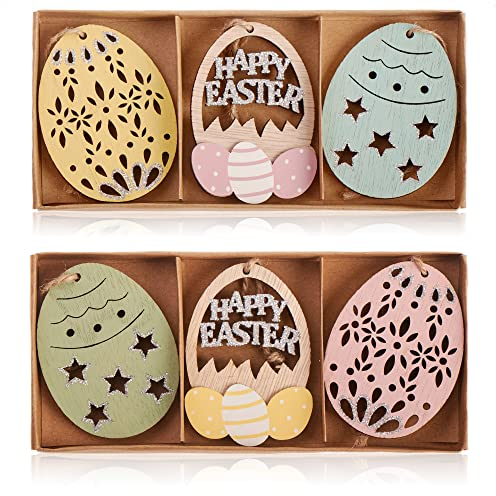 com-four® 6 Pièces - Oeufs de Pâques en Bois à Suspendre - Décoration de Pâques Classique