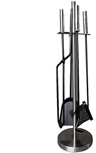 5-teiliges silbernes Kamin-Werkzeug-Set, zeitgenössisches Kamin-Begleit-Werkzeug-Set: Besen, Schaufel, Zange und Schürhaken mit Ständer – 26 Zoll Höhe